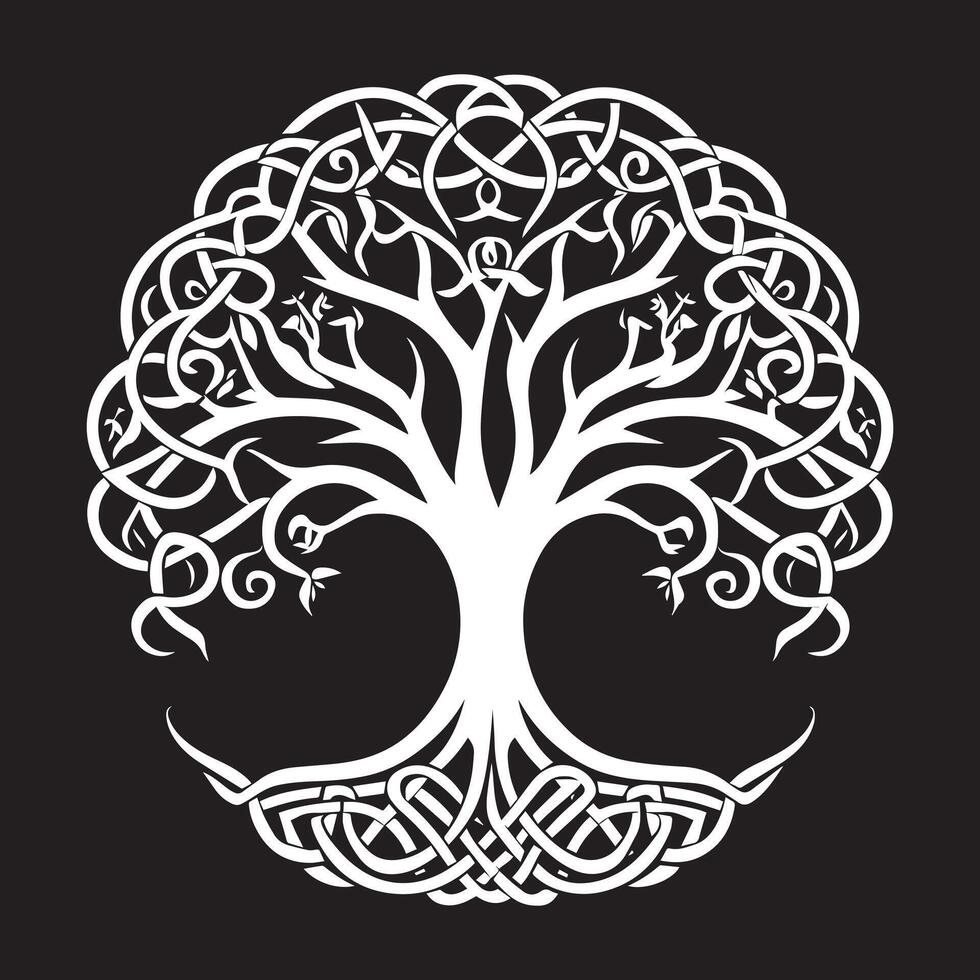 Celtic Tree of Life Clipart, Celtic Tree Silhouette - Celtic Yew of a Tree illustration in black and white vector