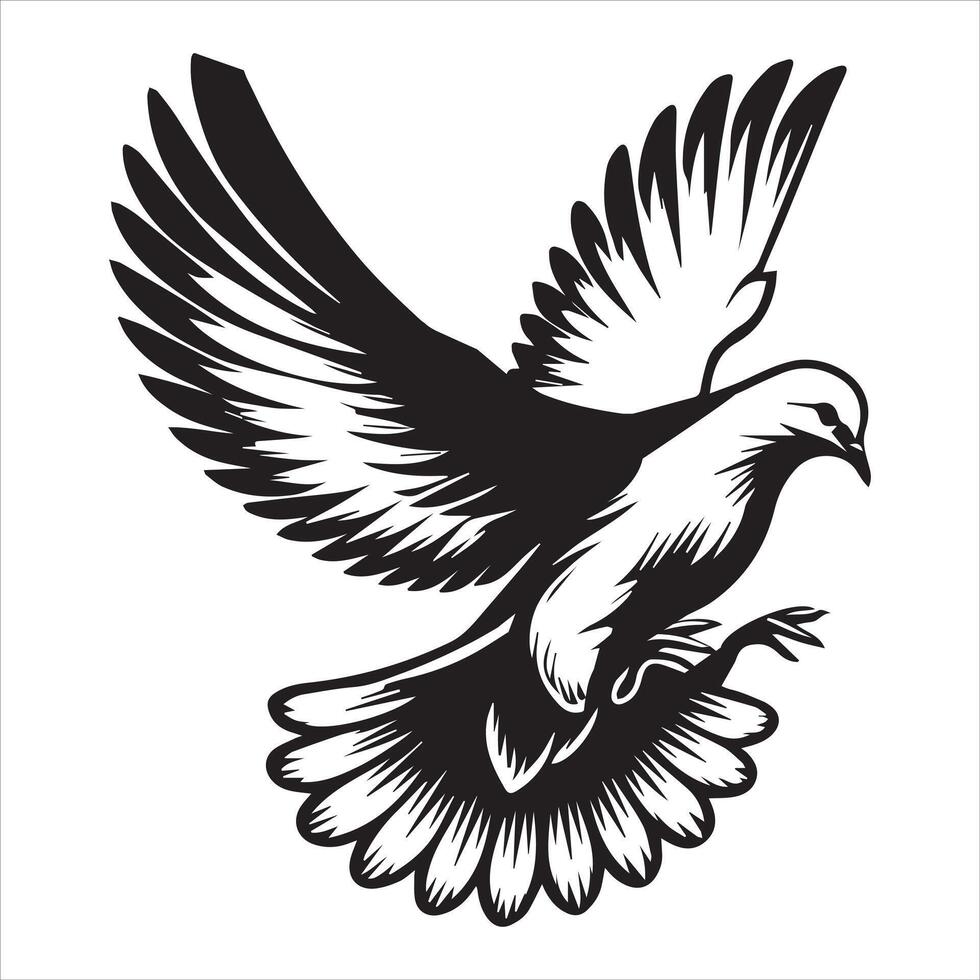 Mourning Dove Silhouette - Zenaida macroura Clipart - Mourning Dove hovering in mid-air Illustration in black and white vector