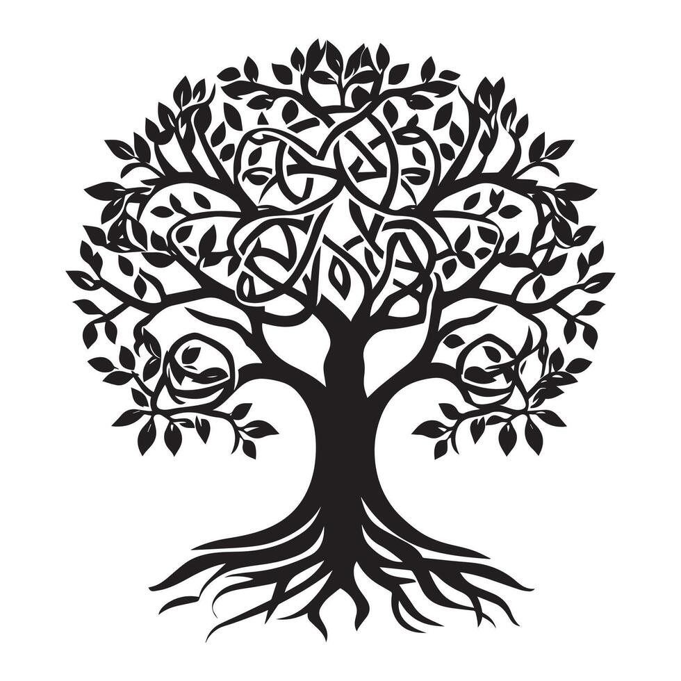 Celtic Tree of Life Clipart, Celtic Tree Silhouette - An Ash Celtic tree illustration in black and white vector