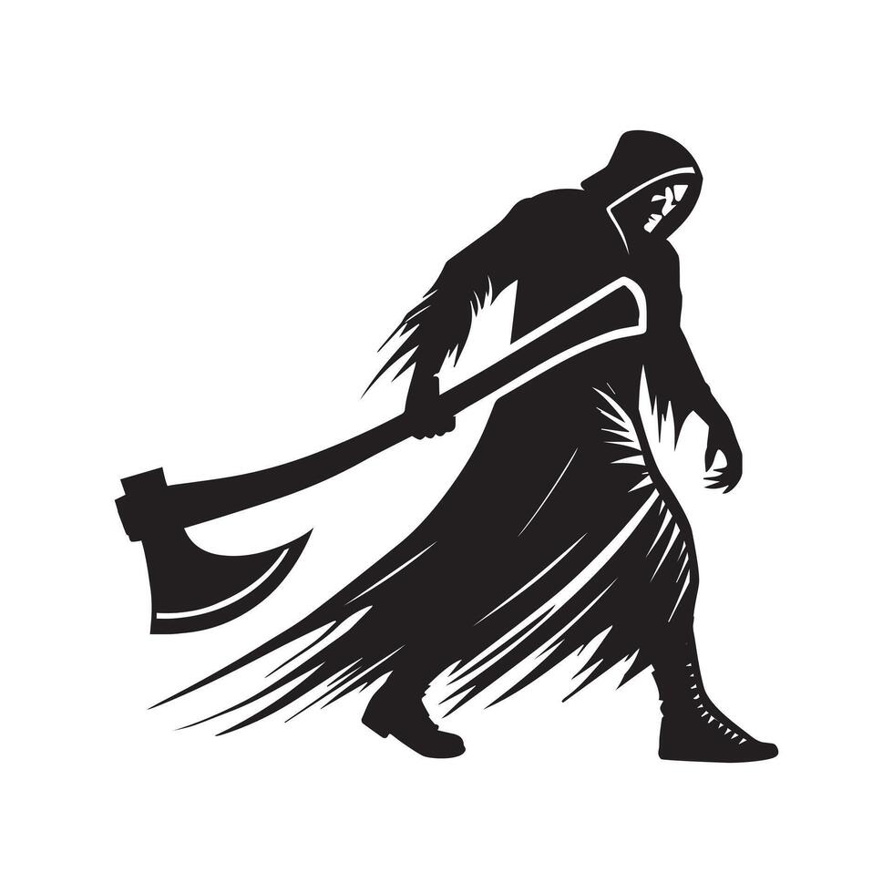 Horror Clipart - Halloween Horror Silhouette - Ghost With An Axe Illustration in black and white vector