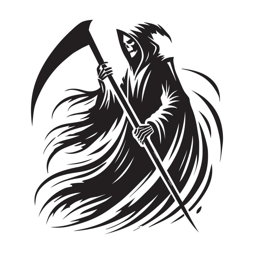 Horror Clipart - Halloween Horror Silhouette - Grim Reaper With Scythe Illustration in black and white vector