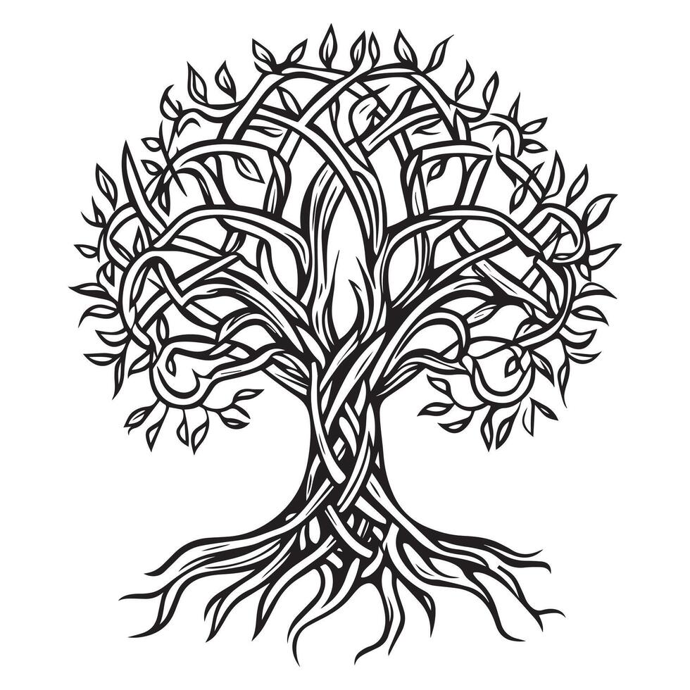 Celtic Tree of Life Clipart, Celtic Tree Silhouette - An Oak of Derry Celtic Tree illustration in black and white vector