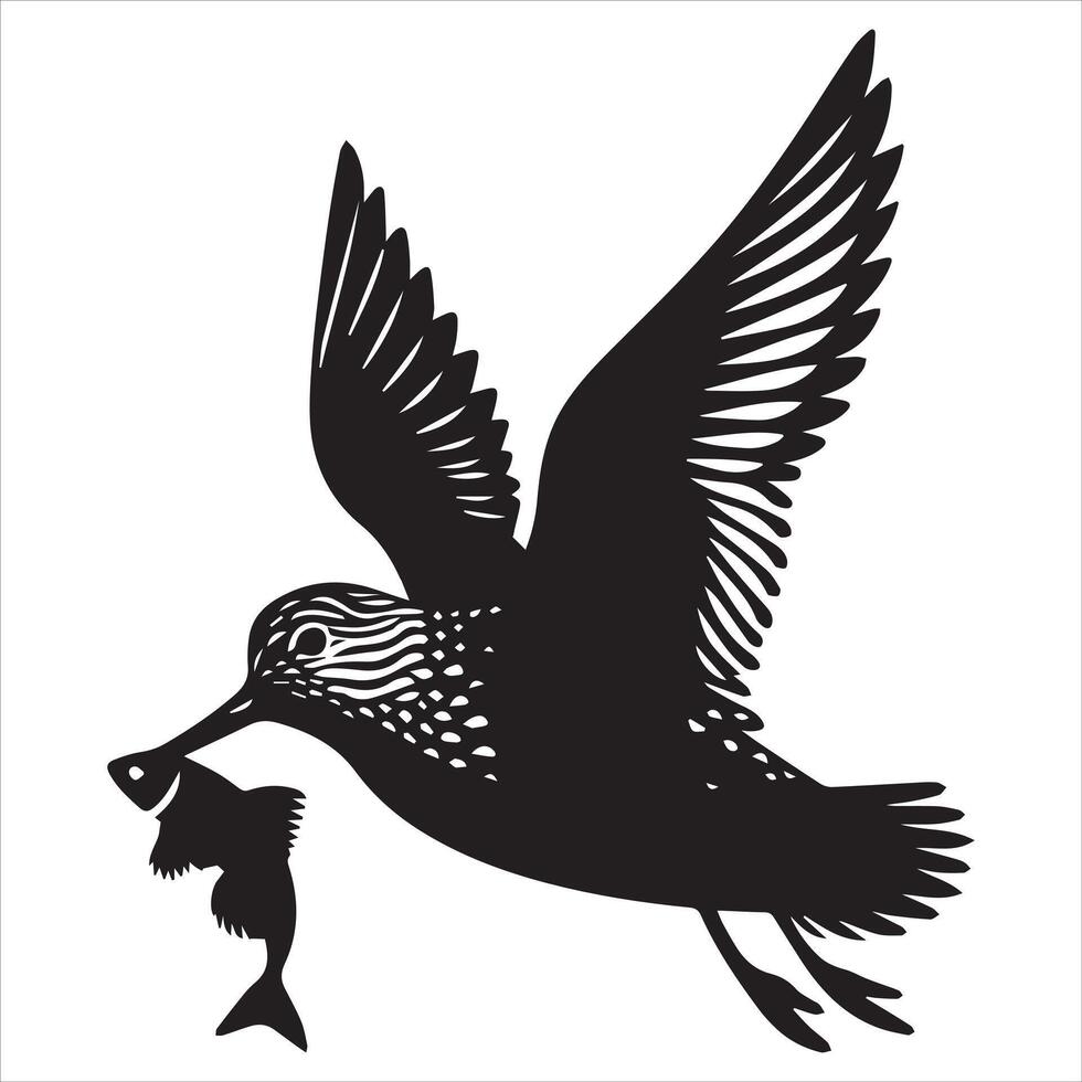 Dunlin Silhouette - Dunling Bird Clipart, Calidris alpina Design, Dunlin Flying with Fish Illustration in black and white vector