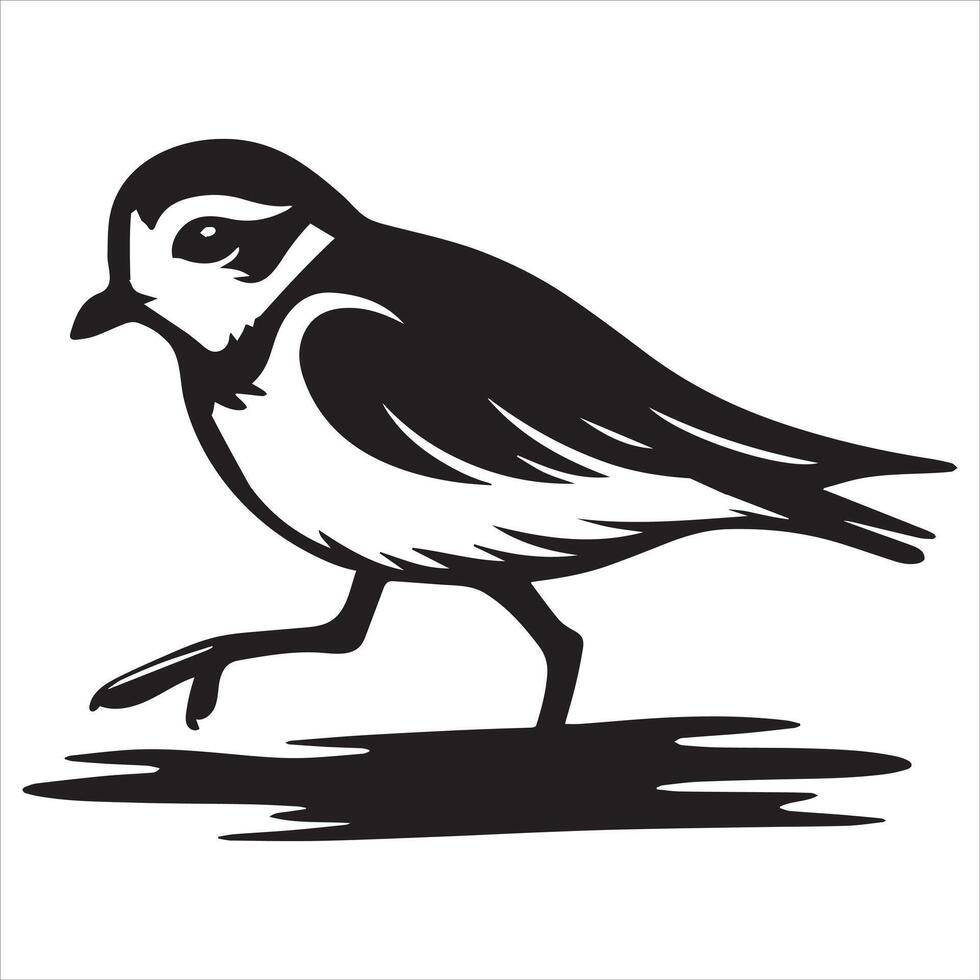 Piping Plover Silhouette - Plover Birt Clipart, Piping Plover running head lowered Illustration in black and white vector