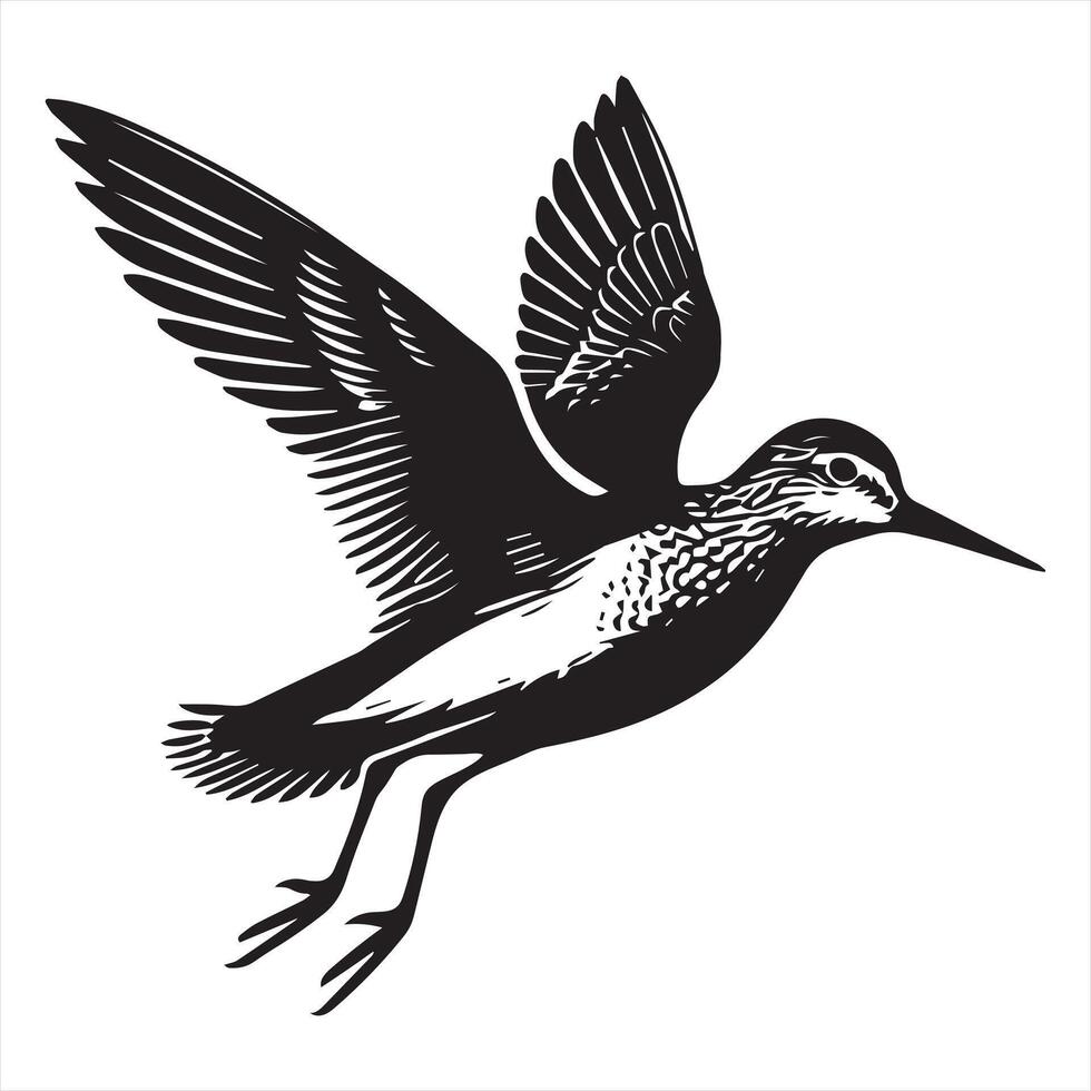 Common Sandpiper Silhouette - Sandpiper Birt Clipart, Common Sandpiper in mid-flight Illustration in black and white vector