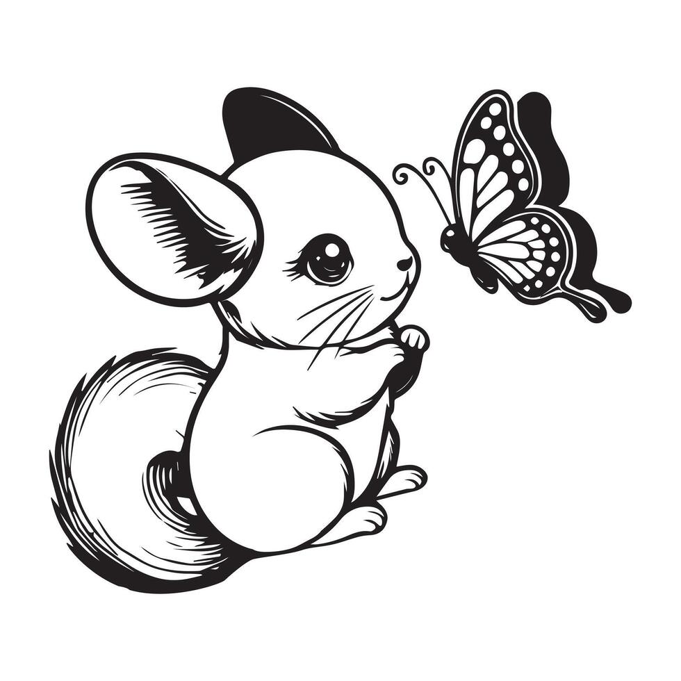 Cute Chinchilla Outline Design - A cute Chinchilla playing with butterfly Illustration in black and white vector