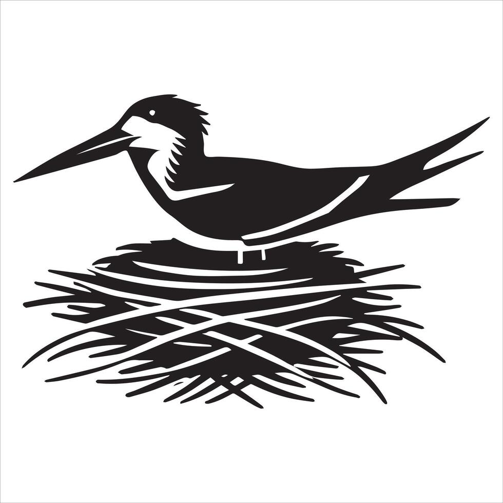 Black Skimmer Silhouette, Rynchops Niger Bird Clipart, Black Skimmer sitting on nest Illustration in black and white vector