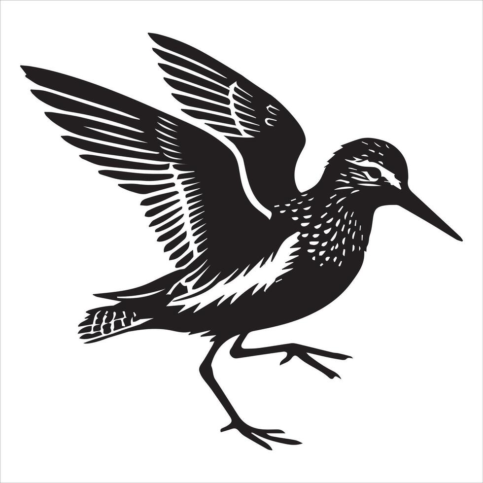 Western Sandpiper Silhouette, Calidris mauri Clipart, Western Sandpiper wings fully extended backward Illustration in black and white vector