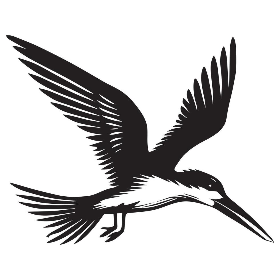 Black Skimmer Silhouette, Rynchops Niger Bird Clipart, Black Skimmer scooping water while flying Illustration in black and white vector