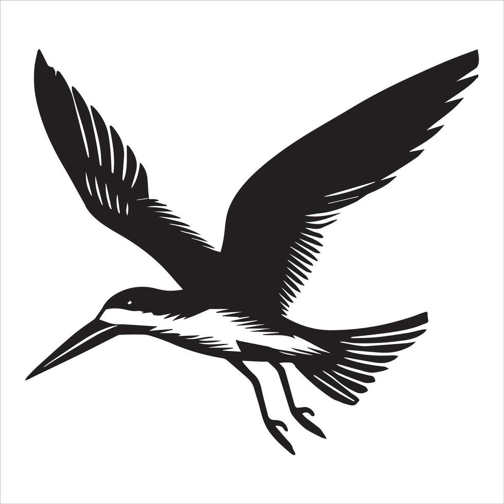 Black skimmer Silhouette, Rynchops Niger Bird Clipart, Black Skimmer flying wings up Illustration in black and white vector