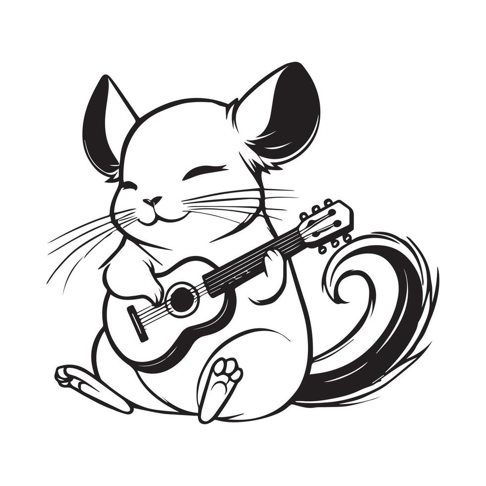 Cute Chinchilla Outline Design - A cute Chinchilla playing a guitar Illustration in black and white vector