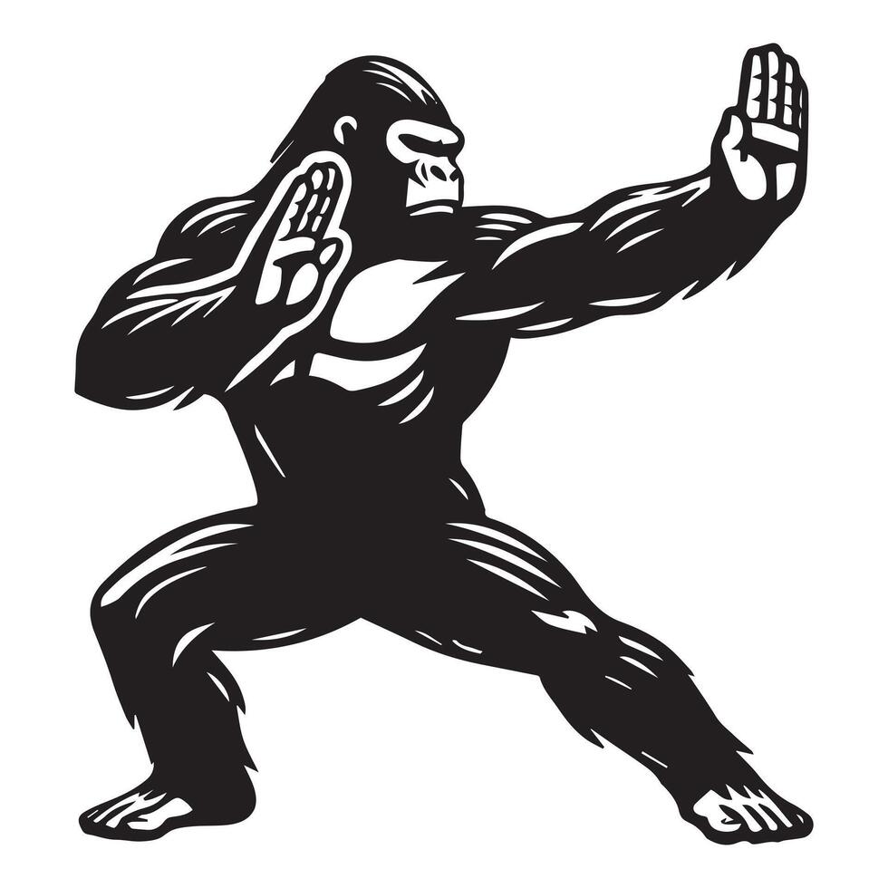 Gorilla Silhouette - Funny Gorilla Gesture, Muscle Gorilla Clipart, Defensive Block Gorilla Illustration in black and white vector