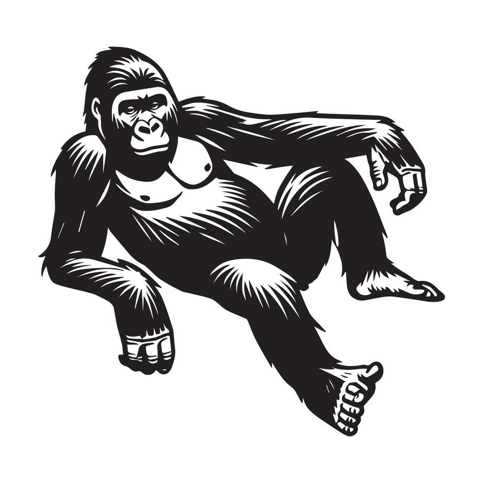 Gorilla Silhouette - Funny Gorilla Gesture, Muscle Gorilla Clipart, Relaxed Lean Gorilla Illustration in black and white vector