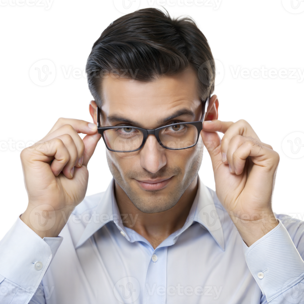 Young man adjusting glasses with a focused expression, isolated png