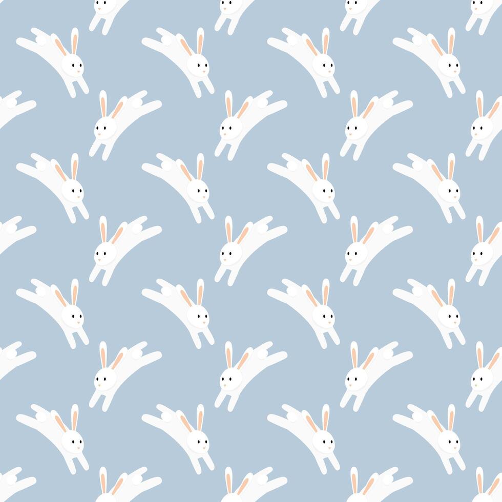 White rabbit seamless pattern on blue background. vector