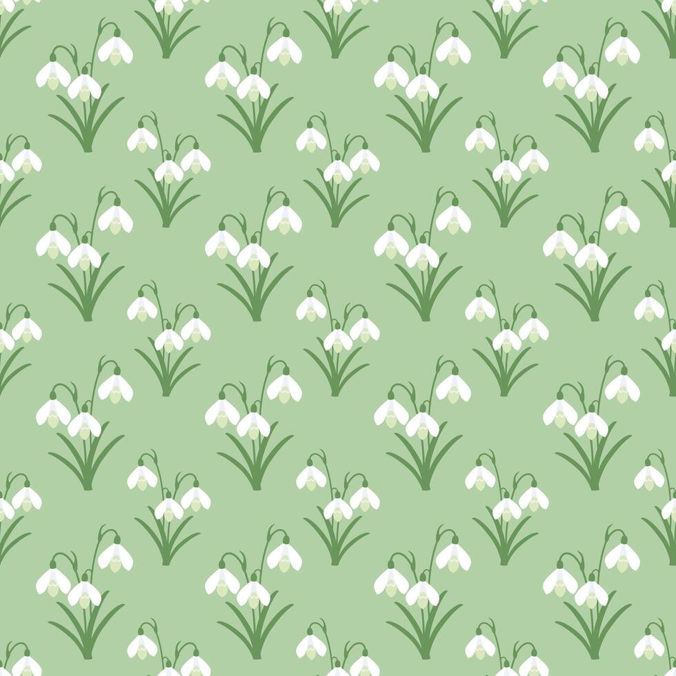 Seamless snowdrop flower pattern on green background. Flat design. vector