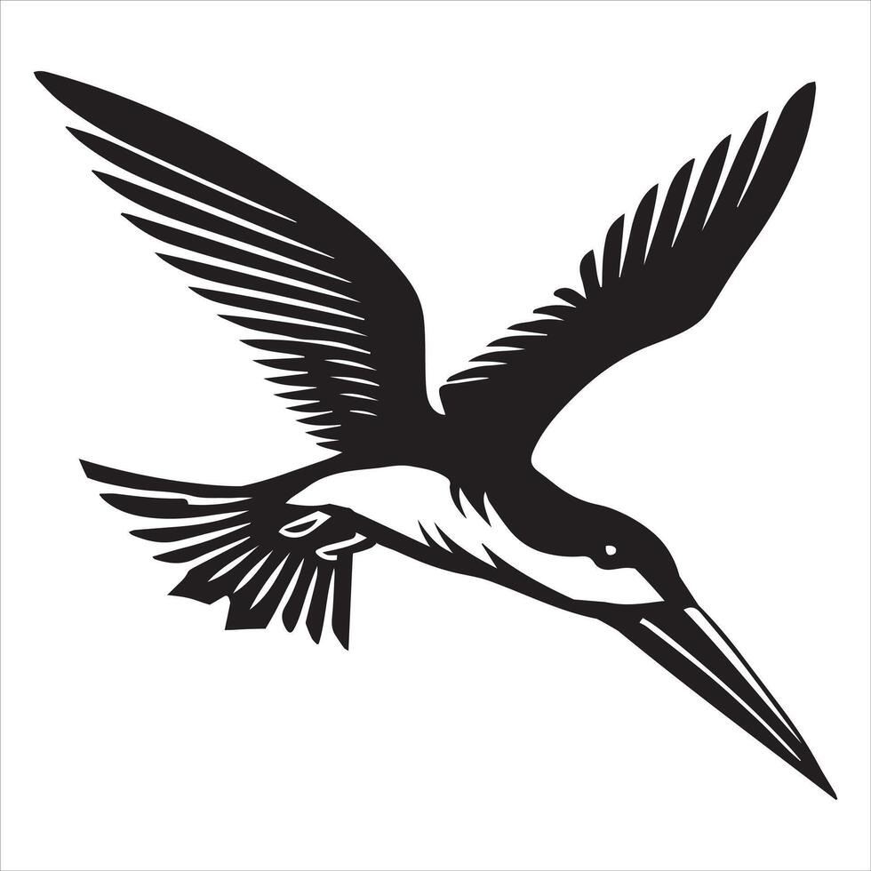 Black skimmer Silhouette, Rynchops Niger Bird Clipart, Black Skimmer diving Illustration in black and white vector