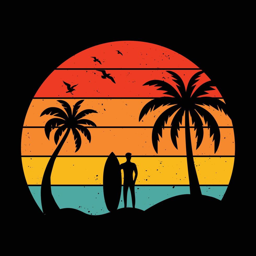 Retro Vintage Sunset T-shirt - Summer Beach Retro Vintage - Summer Beach Palm Tree Sunset vector