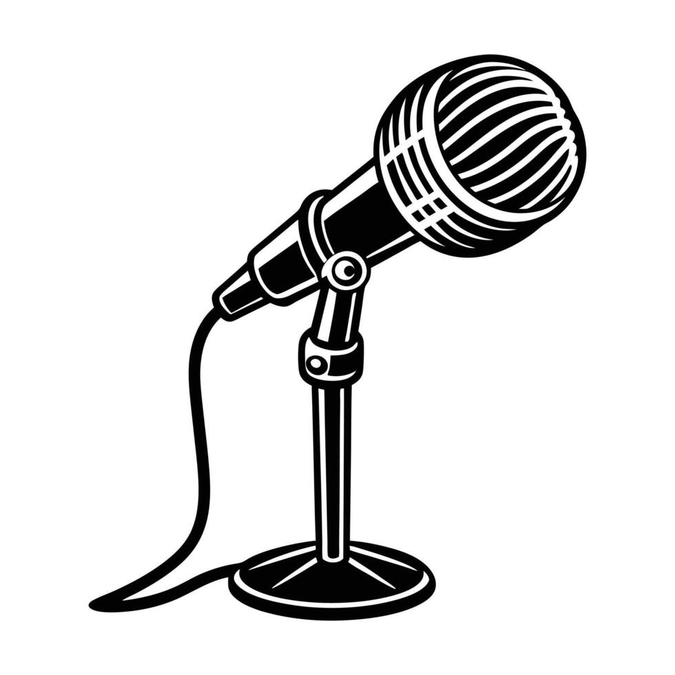 Vintage Microphone Clipart - Microphone silhouette - microphone with stand illustration in black and white vector