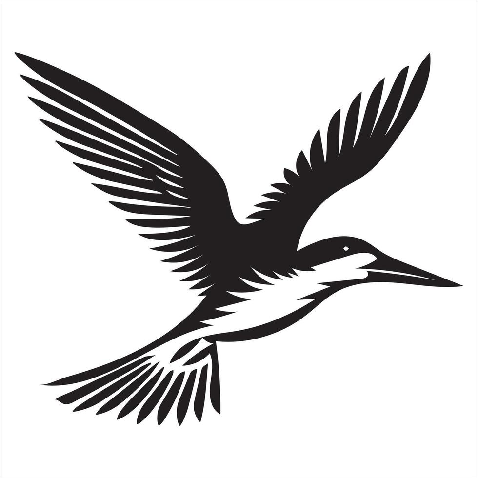 Black skimmer Silhouette, Rynchops Niger Bird Clipart, Black Skimmer flying wings forward Illustration in black and white vector