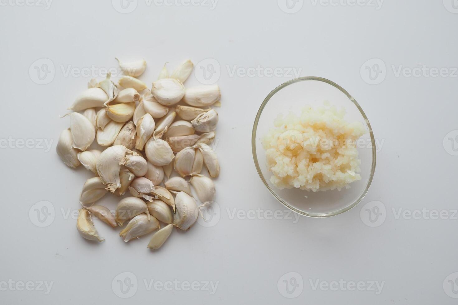 top view of minced garlic on a white background photo