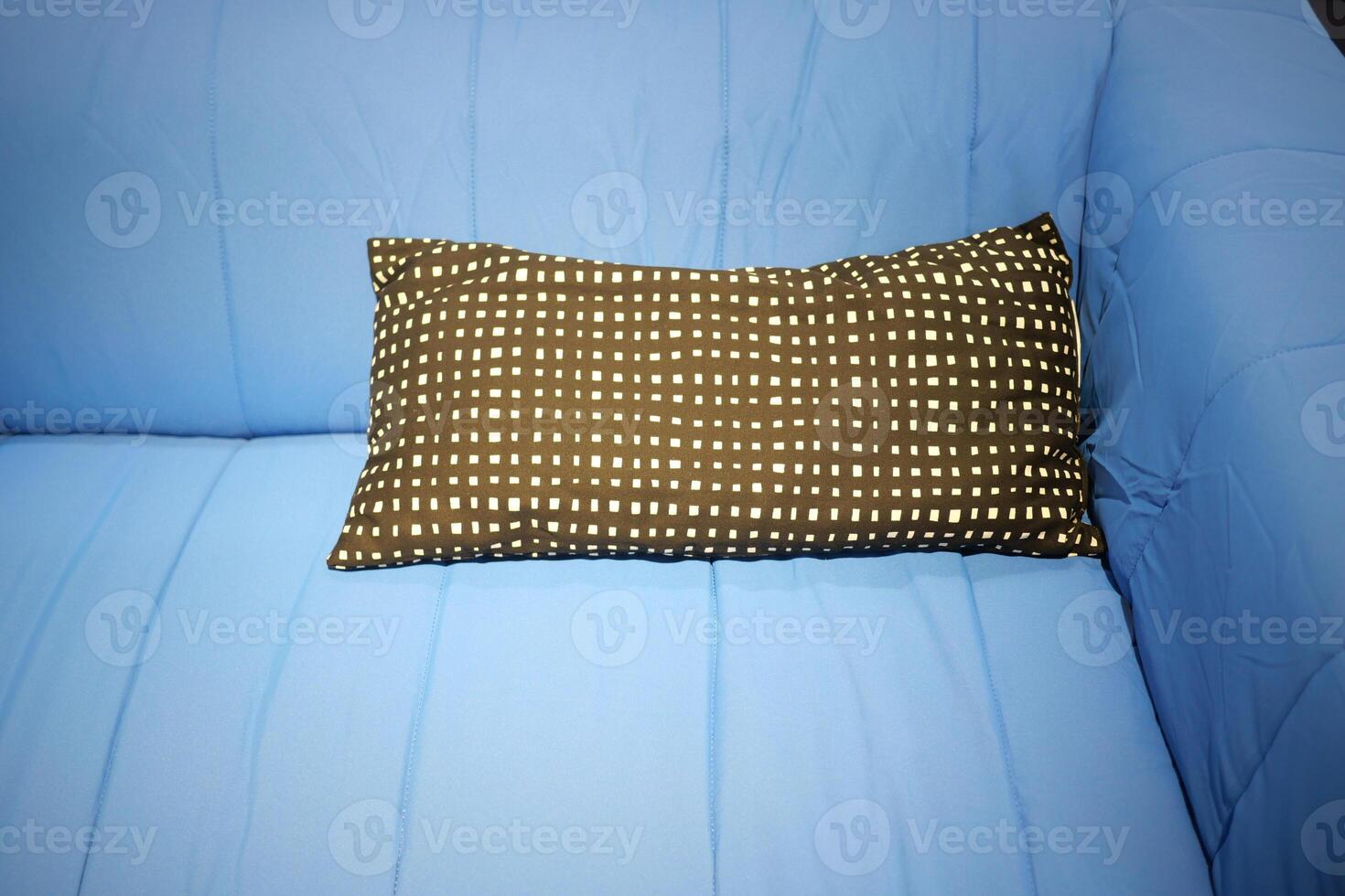 A Stylish Brown Patterned Pillow is perfectly placed on a Soft Blue Couch for a cozy look photo
