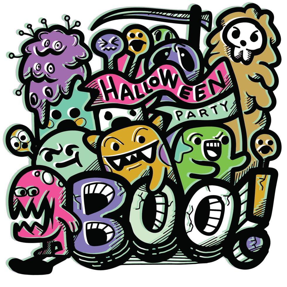 Halloween Party Boo Themed Cartoon Monsters with Offset Effect vector