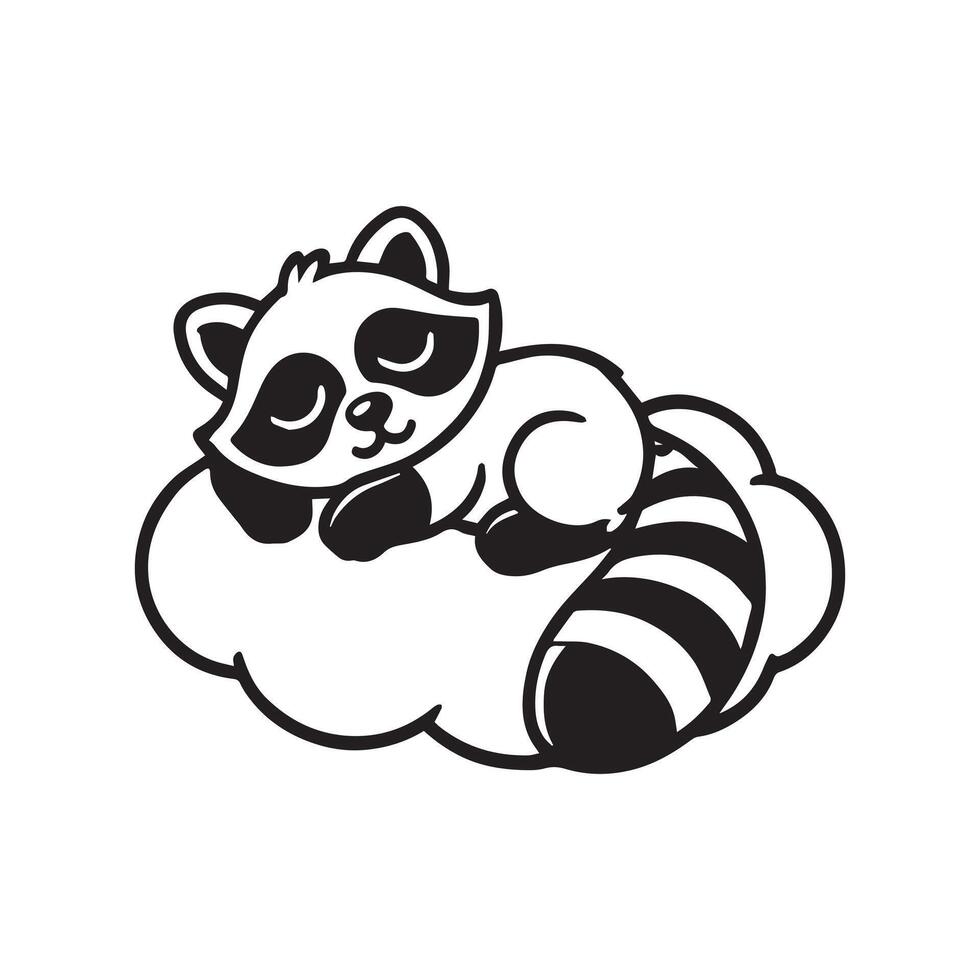Raccoon Silhouette, Funny Raccoon clipart - Raccoon Sleeping on a Cloud illustration in black and white vector