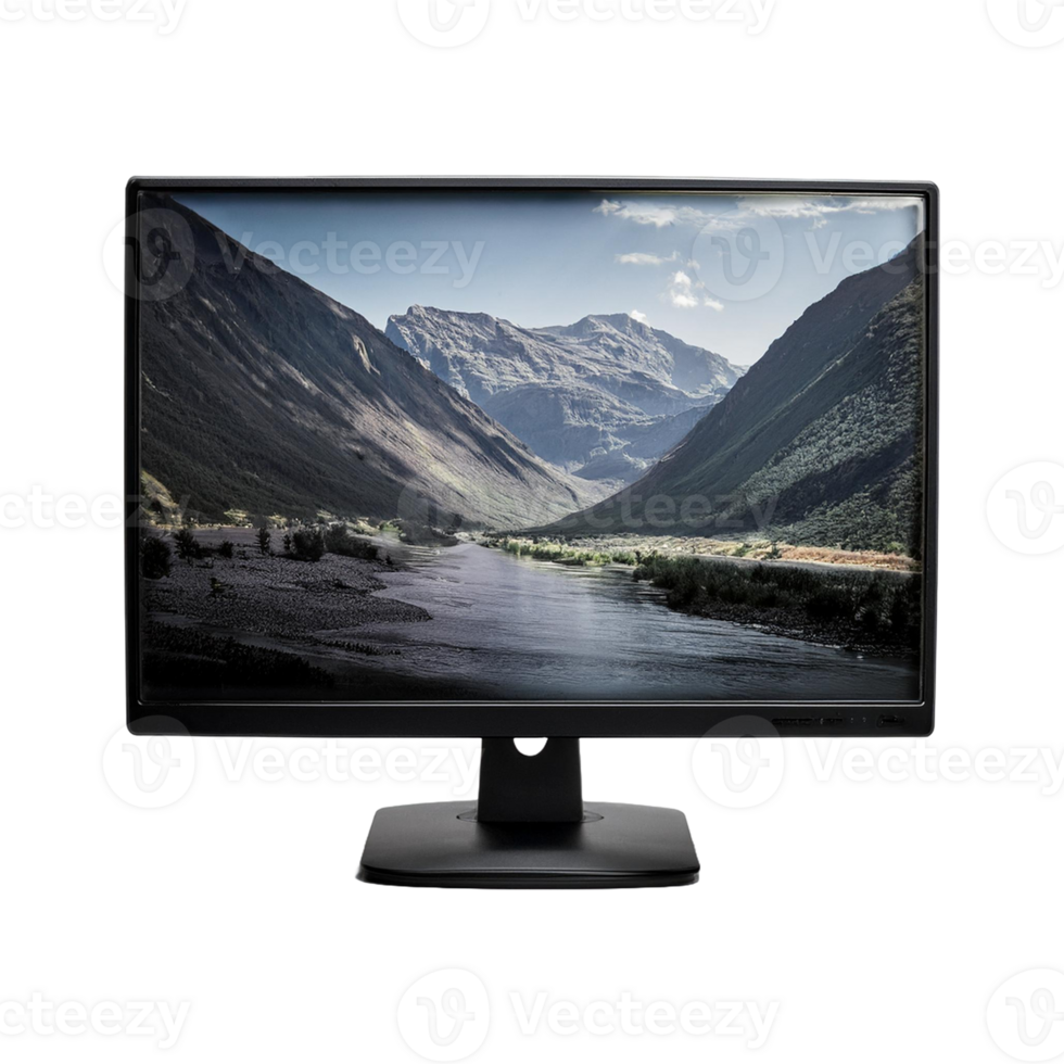 LCD TV monitor with reflection, a computer monitor with a mountain landscape in the background png