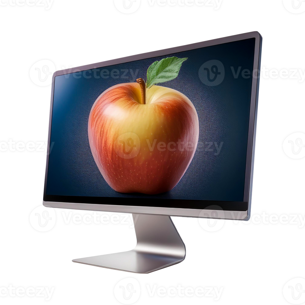 a computer monitor with a red apple on it png