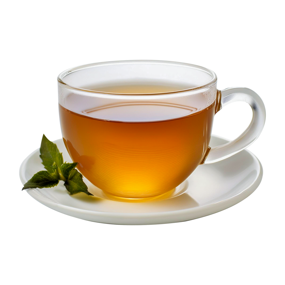 a cup of tea with a green leaf on a saucer. png