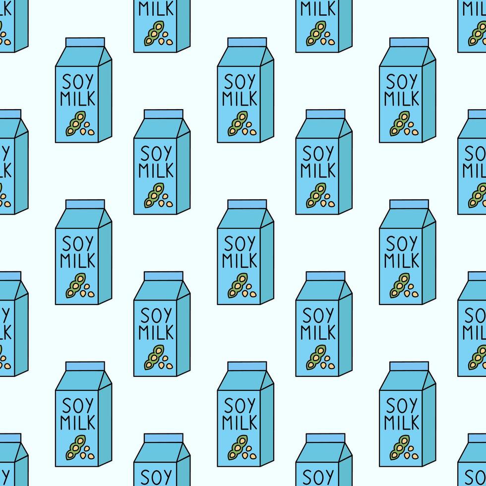 Seamless Pattern with Soy Vegan milk. Box Carton packaging. flat illustration. vector