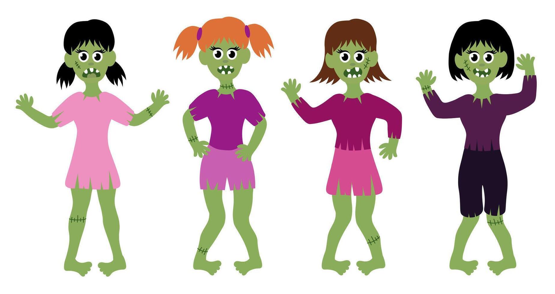 Collection of zombie girls. Halloween Set. Cartoon Flat illustration. vector