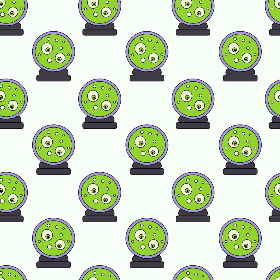 Seamless pattern with Green Magic Ball with eyes. Mystic symbol. Halloween concept background. Flat illustration. vector