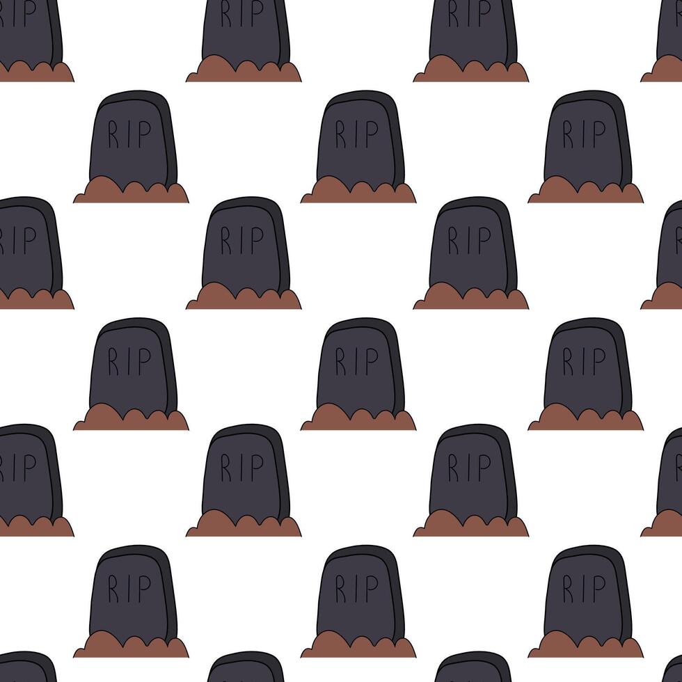 Seamless Pattern with R.I.P gravestone. Halloween tombstone background. Grave headstone, graveyard wallpaper. Creepy Memorial for death. Flat illustration. vector