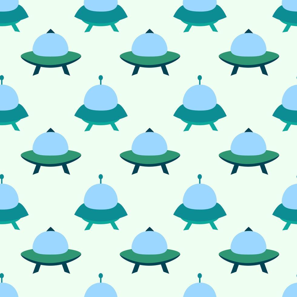 Alien spaceship, spacecrafts and UFO Seamless Pattern. Cosmic ship in form saucer for transportation. Children design. cartoon flat illustration. vector