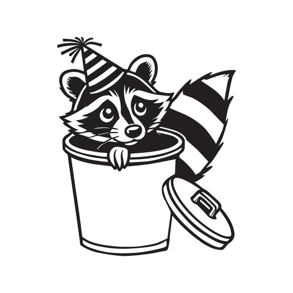 Raccoon Silhouette, Funny Raccoon clipart - A Raccoon in a Trash Can with a Party Hat illustration in black and white vector