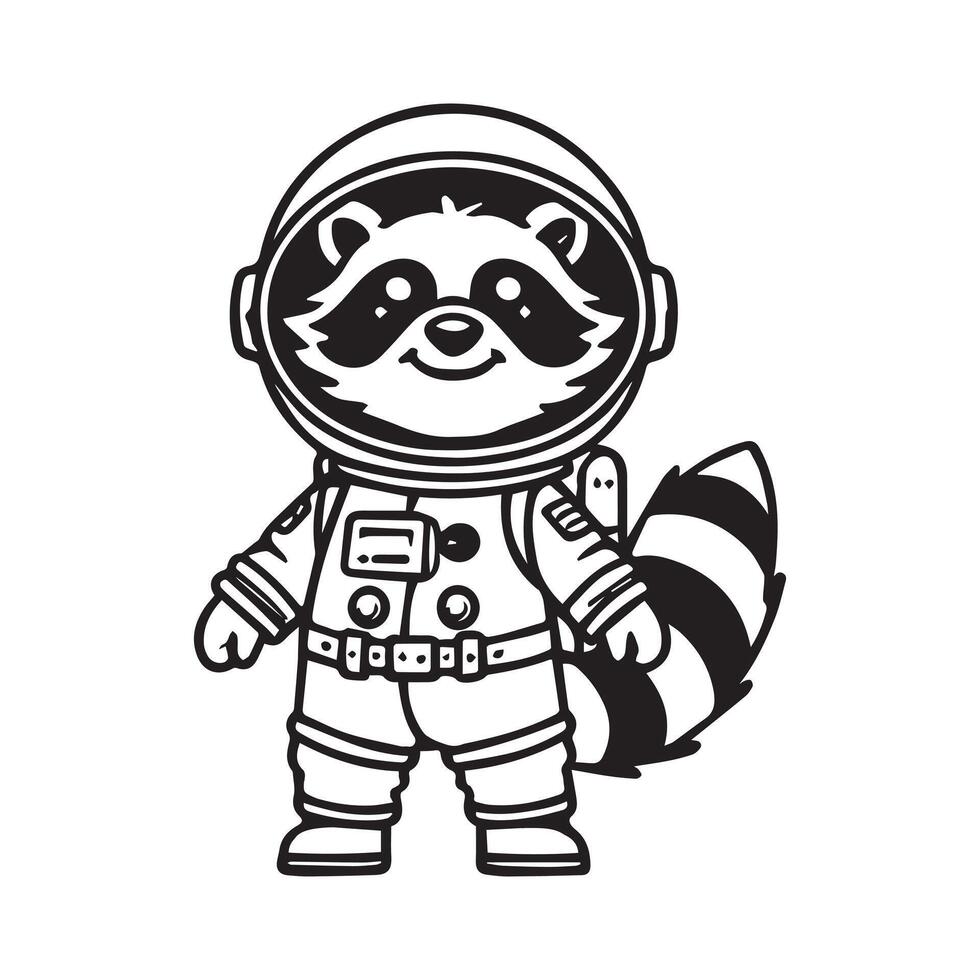 Raccoon Silhouette, Funny Raccoon clipart - A Raccoon in a Space Suit illustration in black and white vector