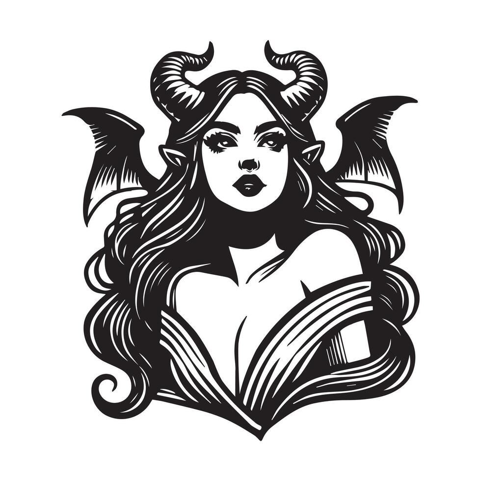 Horror Clipart - Halloween Horror Silhouette - Demon Girl Illustration in black and white vector