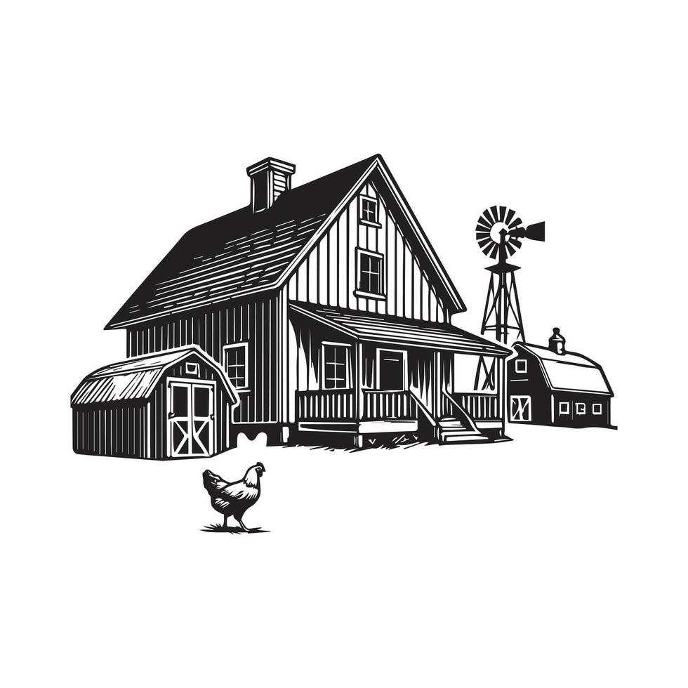 Homestead Silhouette, Farming Scene clipart - Farmhouse with Barnyard Fence illustration in black and white vector