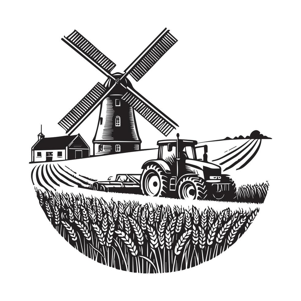 Homestead Silhouette, Farming Scene clipart - Windmill and Wheat Field with Tractor illustration in black and white vector