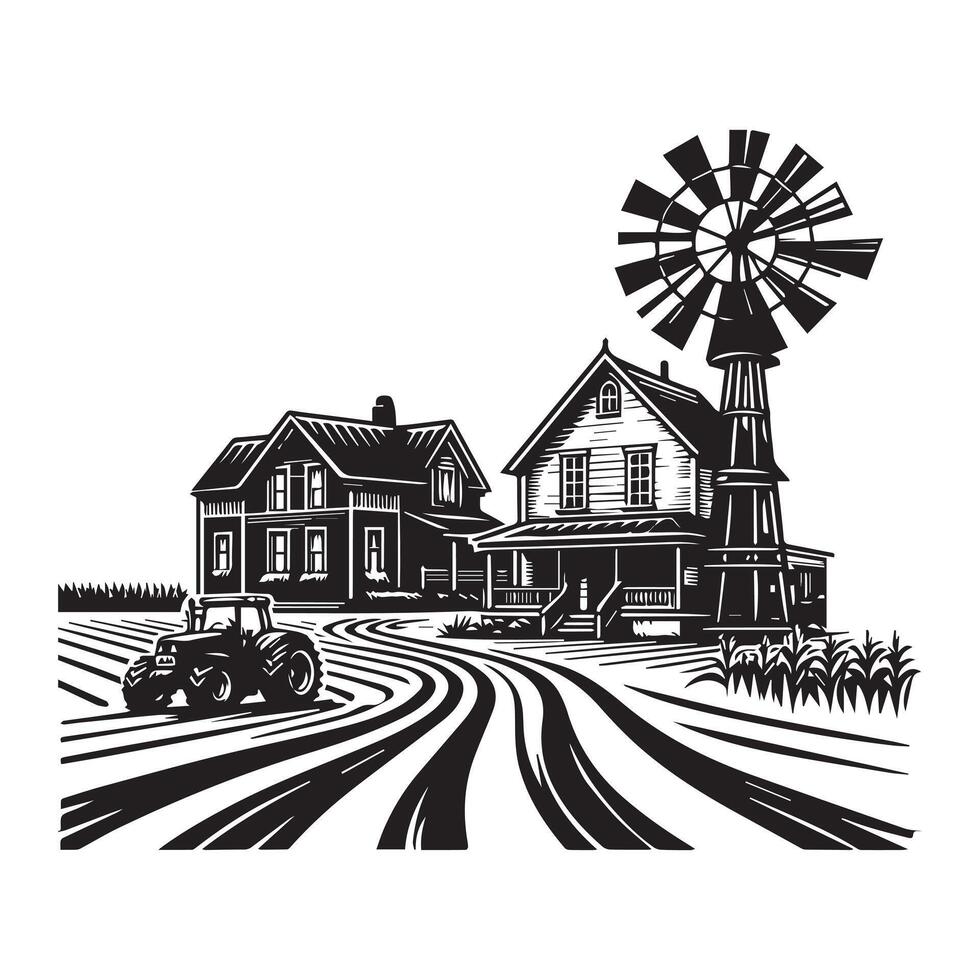 Homestead Silhouette, Farming Scene clipart - Tranquil Fields Farmhouse and Windmill illustration in black and white vector