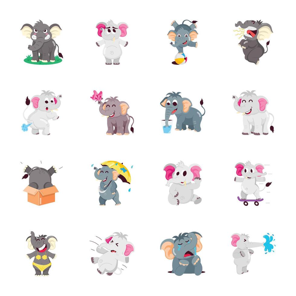 Set of Funny Elephants Flat Stickers vector