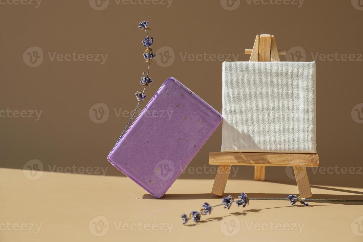 Paper note template mock up copy space Handcrafted purple lavender soap with lavender flowers. Natural hydrating moisturiser softness cosmetic. Organic calming beauty skincare product. Herbal self care wellness alternative soap. Copy space photo