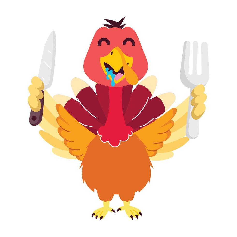 Hungry turkey with drooling mouth holding knife and folk, flat sticker vector