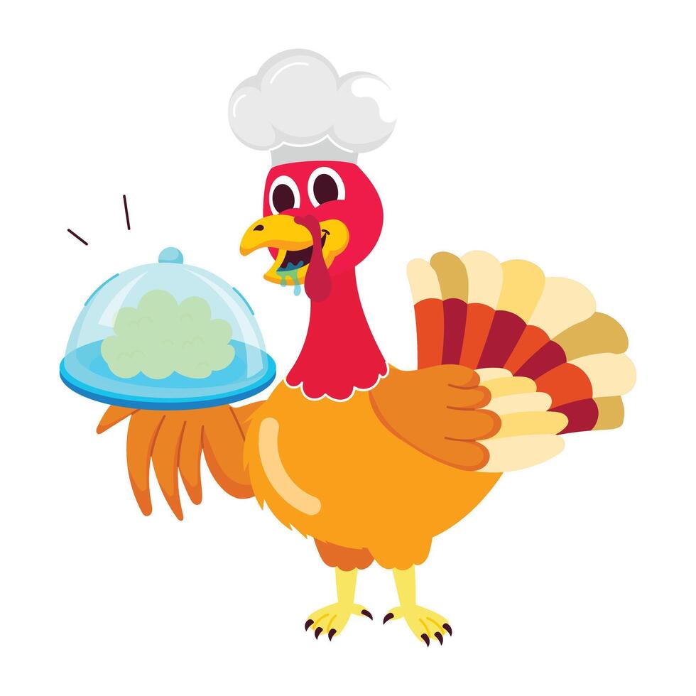 Cartoon style sticker of chef turkey serving food vector