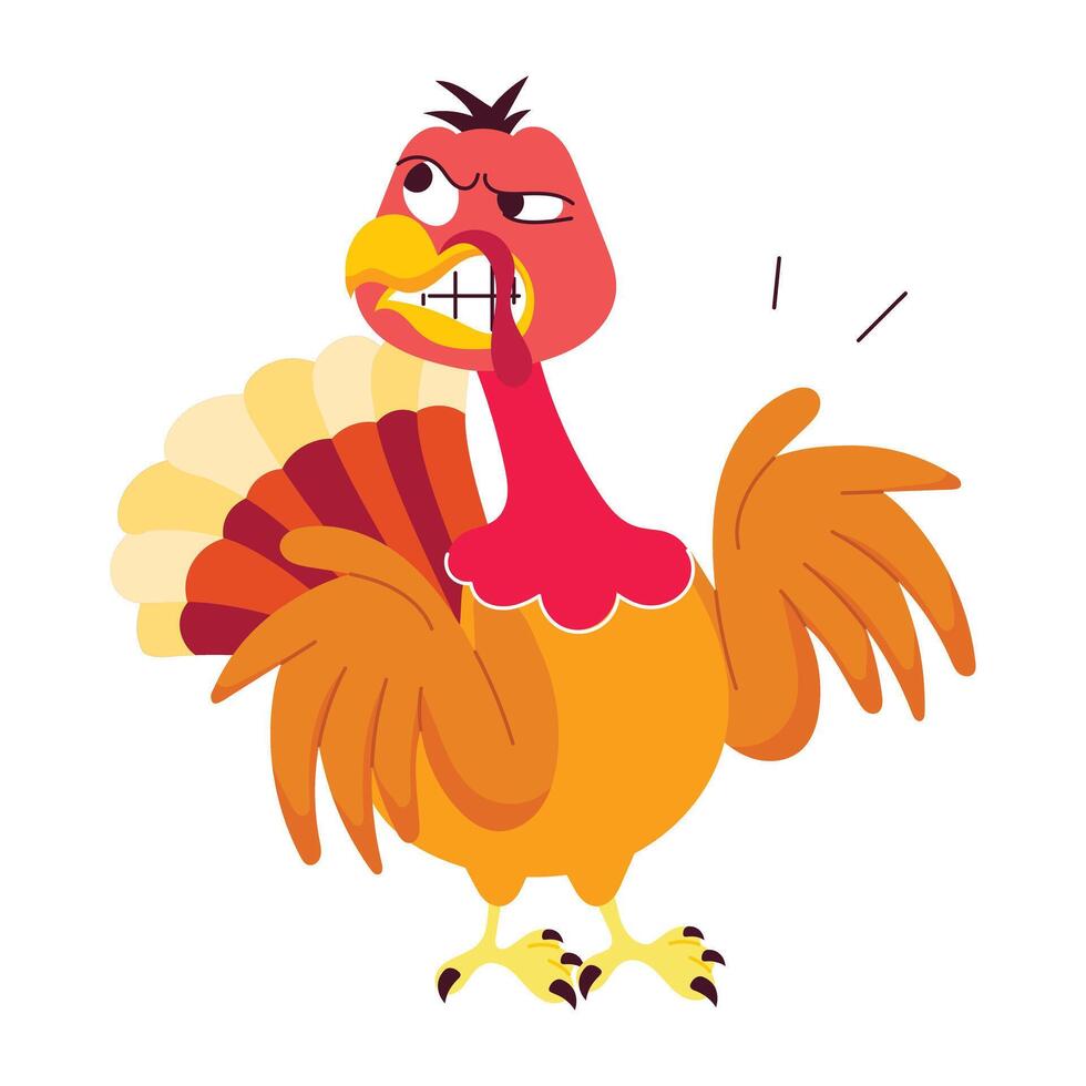 Mad turkey with angry expressions, flat sticker vector