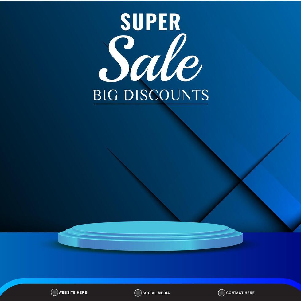 super sale banner social media template post with blank space podium for product with gradient dark blue background vector