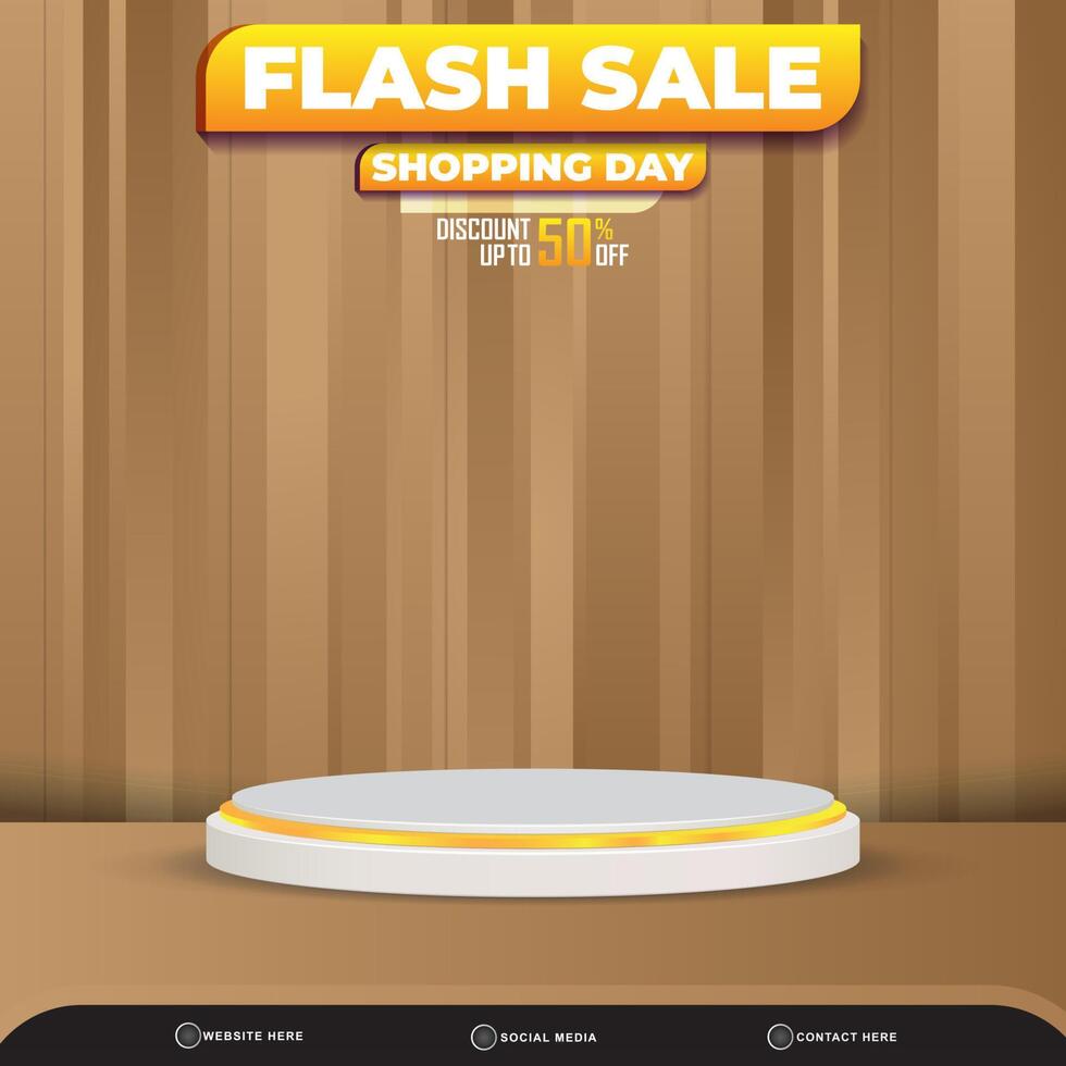 3d flash sale banner social media template post with blank space podium for product with abstract gradient brown background design vector