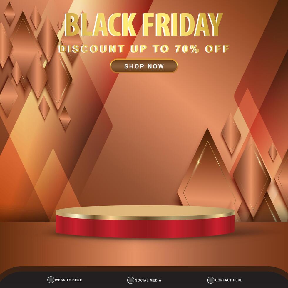 3d black friday sale banner social media template post with blank space podium for product with gradient brown background vector
